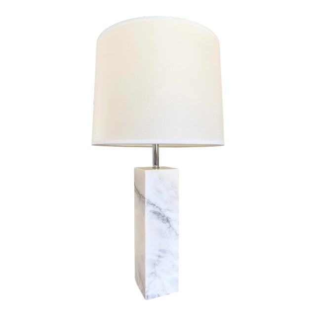 Minimalist White Marble Plinth Table Lamp With Chrome Neck (After Nessen) For Sale