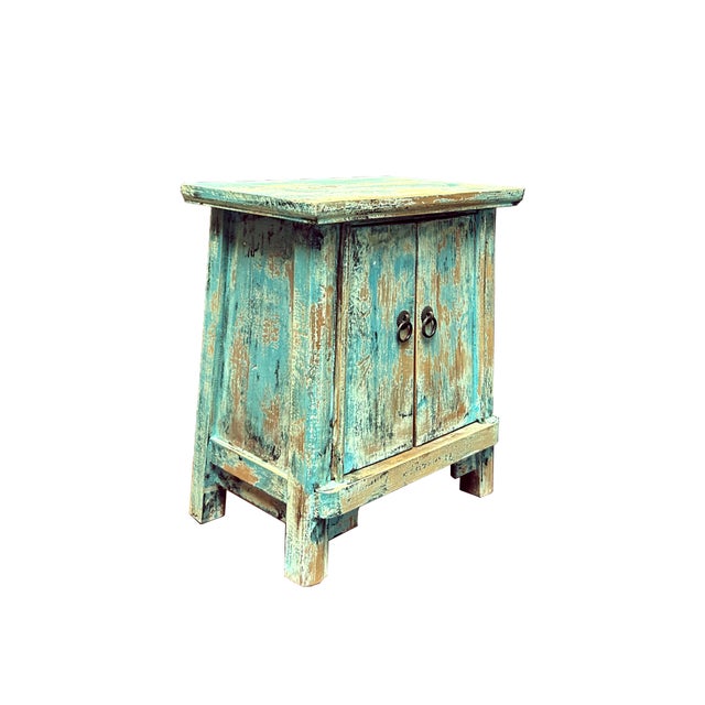 1990s 16.25" Distressed Light Blue 2 Doors End Table Nightstand Chest For Sale - Image 5 of 6