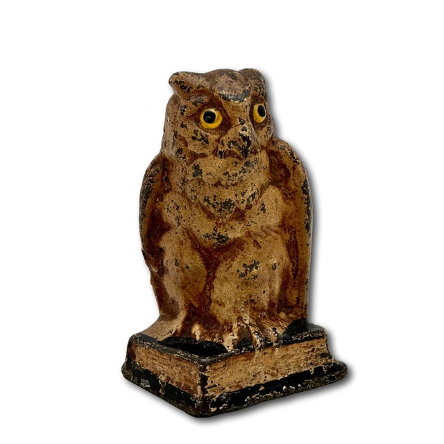Unusual Antique American Cast Iron Wise Old Owl Sitting on a Book Figurative Doorstop - Circa 1920s. For Sale - Image 10 of 18