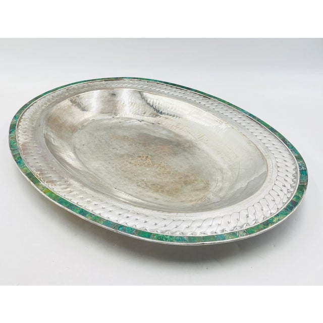 1980s Massive Emilia Castillo Silver Plate & Malachite Taxco Serving Bowl, Hand Signed For Sale In Los Angeles - Image 6 of 18