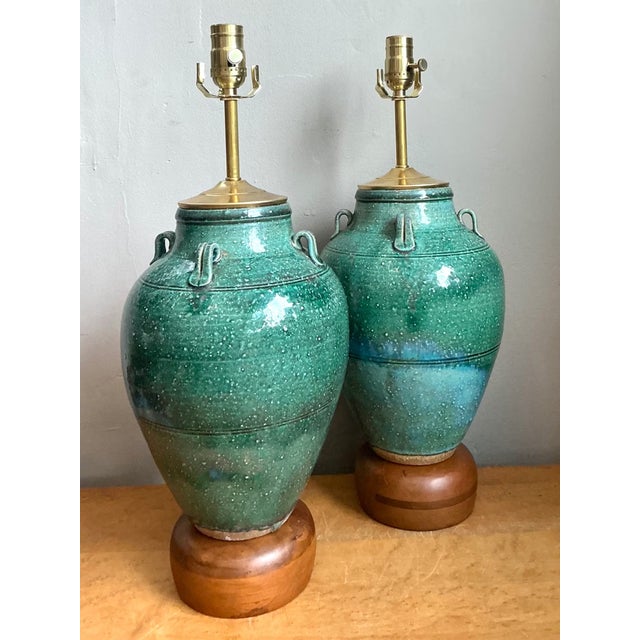 Vintage Green Glazed Ceramic Table Lamps - Pair For Sale - Image 4 of 12