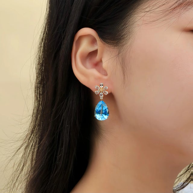 Nina Zhou Aquamarine Diamond Blossom Topaz Drop Earrings in 14k Gold - a Pair For Sale In Los Angeles - Image 6 of 7