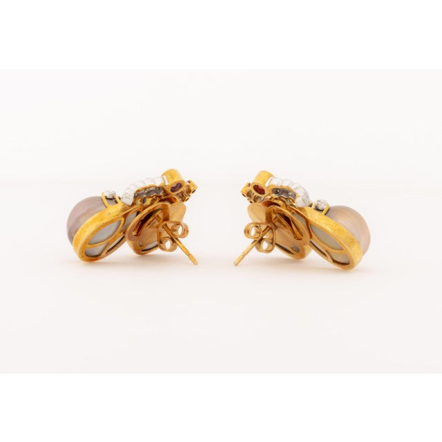 Metal 18k Rose Gold Diamond, Ruby, and Pearl Butterfly-Form Earrings For Sale - Image 7 of 9