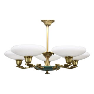 Art Deco Brass and White Glass Chandelier from Lyfa, Denmark, 1940s For Sale