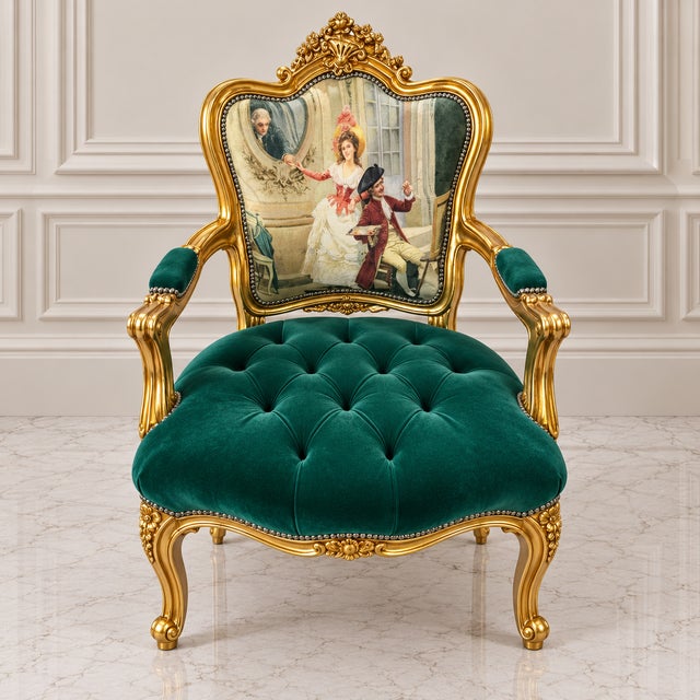 Make a statement with this ornate French-style armchair, featuring rich green velvet upholstery and an elaborately carved...
