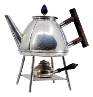 Gummed Silver Kettle with Wooden Lamp and Handles, Set of 3