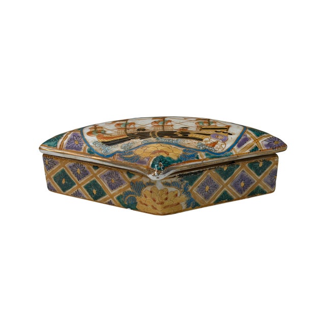 Asian Vintage Western Sailing Ship Graphic Fan Shape Porcelain Trinket Box For Sale - Image 3 of 9