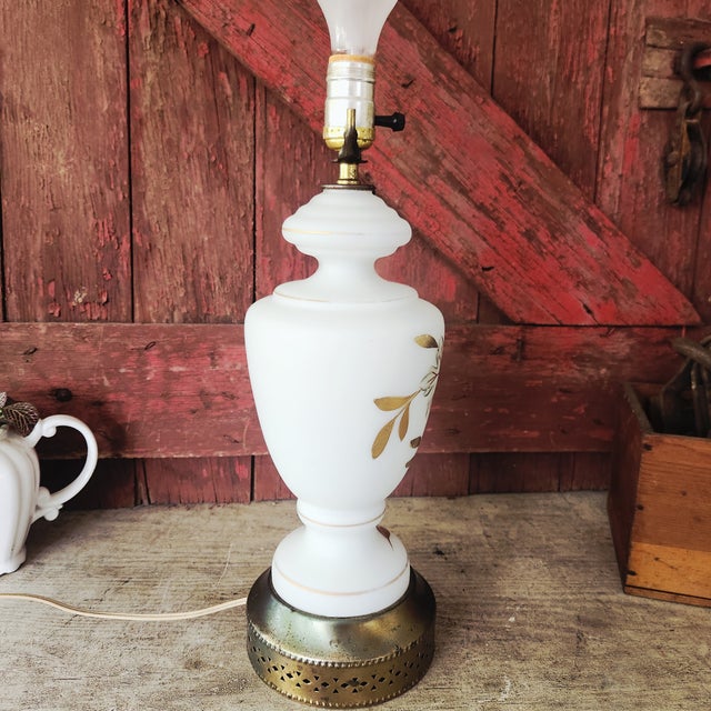 Vintage Milk Glass Table Lamp With Gold Floral Design & Brass Base For Sale - Image 15 of 18