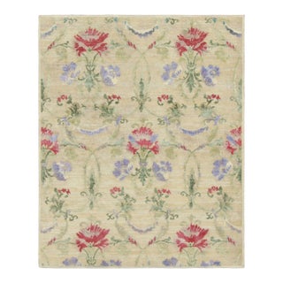 Rug & Kilim’s Block Print Rug, Cream White Field and Multi-Color Flower Motifs For Sale