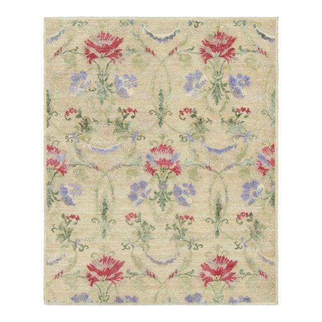 Rug & Kilim’s Block Print Rug, Cream White Field and Multi-Color Flower Motifs For Sale