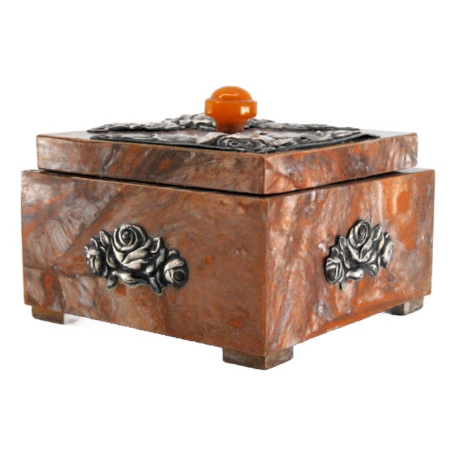 Wooden Jewelry Box with Silver Applications on Lid For Sale