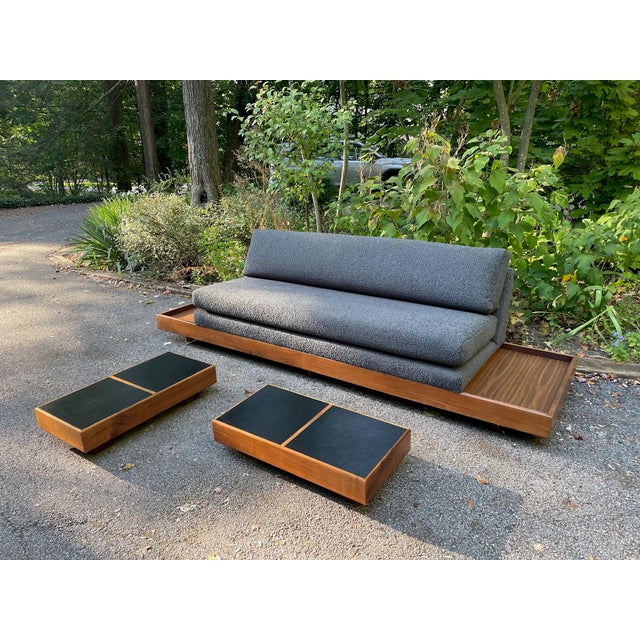 Mid Century Modern Modular Sofa With Walnut and Leather Side Tables For Sale - Image 11 of 12