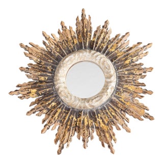 Vintage French Rustic Giltwood Sunburst Mirror For Sale