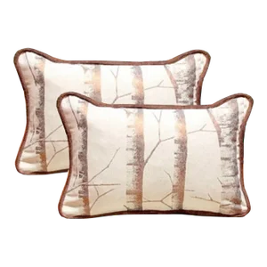 2000s Woods Print Linen Lumbar Pillow Cover With Velvet Piping – a Pair
