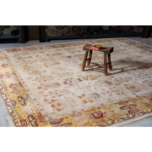 Figurative Antique Mid 1800s Allover Botanical Figurative Tan Burgundy Mustard Hand Knotted Wool Low Pile Rug 13’11“ X 15’1“ For Sale - Image 3 of 11