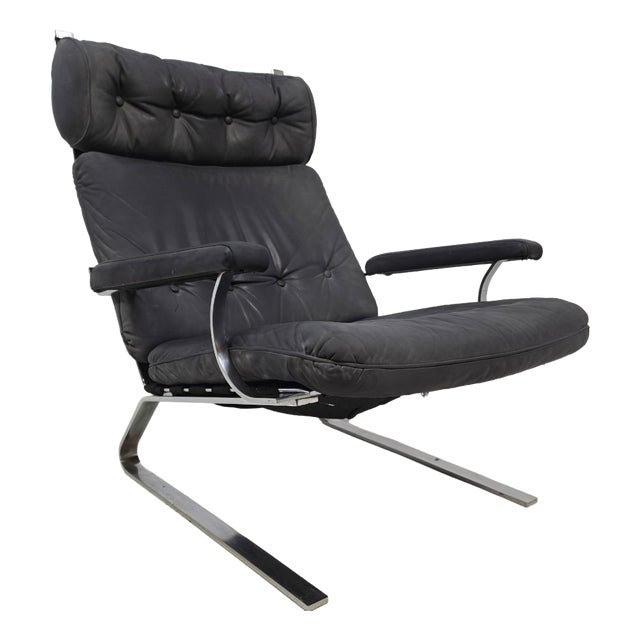 Vintage German Swing Chair in Grey Leather with Chrome, 1970s For Sale