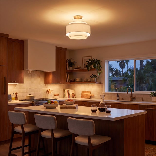 Modern Coronado Semi Flush Mount Light - White Linen Shade, Weathered Brass, Dimmable For Sale - Image 3 of 5
