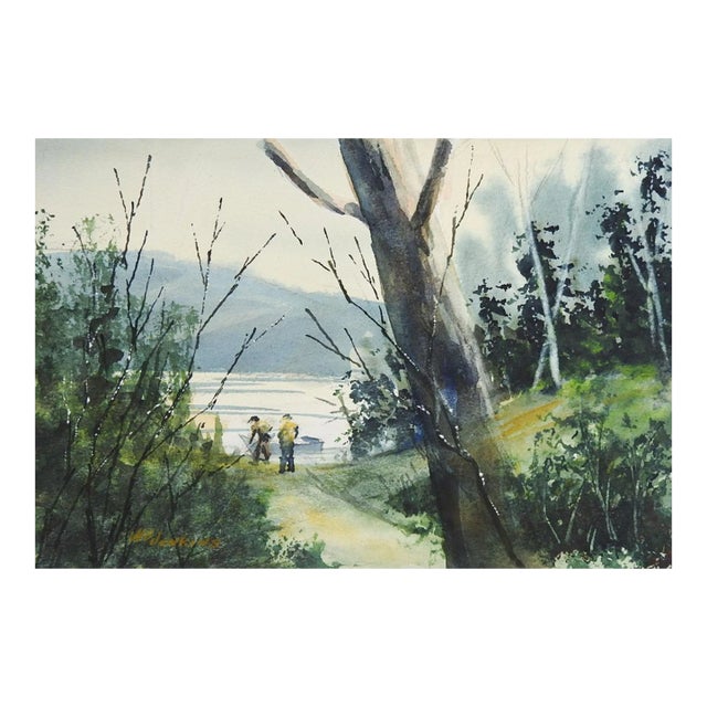 Contemporary Fishermen and Lake Landscape Watercolor Painting For Sale