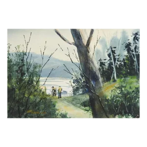 Contemporary Fishermen and Lake Landscape Watercolor Painting
