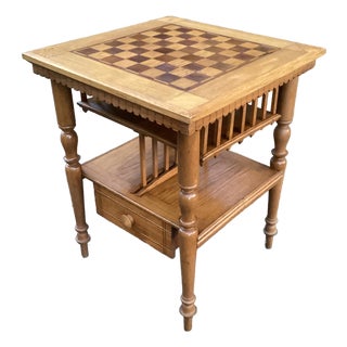 Vintage Oak Chess Top Side Table With Magazine Rack and Drawer For Sale