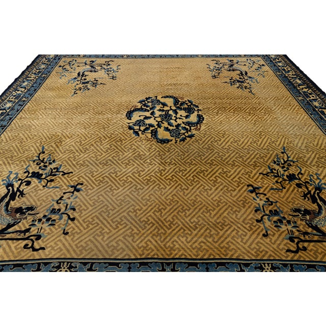 Antique Chinese Imperial-Style Dragon & Fretwork Wool Rug With Indigo Accents For Sale - Image 10 of 12
