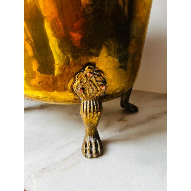 Vintage Brass Bucket With Ceramic Handle Lion Head Claw Feet For Sale - Image 15 of 16