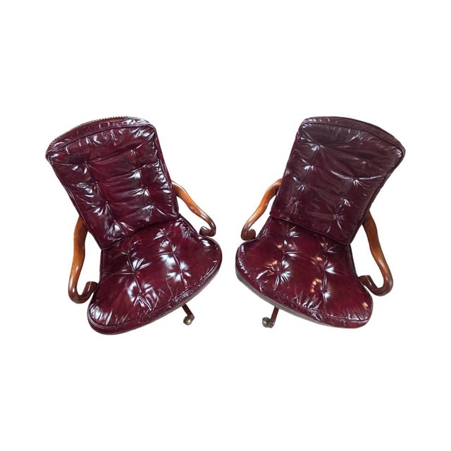 Mid-Century Modern 1994 Classic Leather Burgundy Top-Grain Leather Tufted Executive Swivel Chairs – Pair For Sale - Image 3 of 12