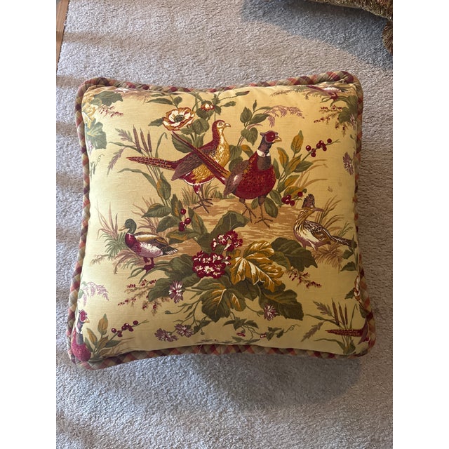 Beautiful custom designer pillow set made with Scalamandré linen print fabric, featuring pheasants, birds, florals,...