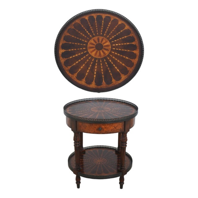 Theodore Alexander Inlaid 2 Tier Mixed Wood End Table For Sale