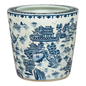 Chinese Vintage Porcelain Cache-Pot Planter with Blue and White Landscape