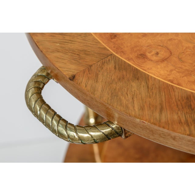 Italian 3 Tier Oval End Table on Casters in Burl Wood & Brass For Sale In West Palm - Image 6 of 14
