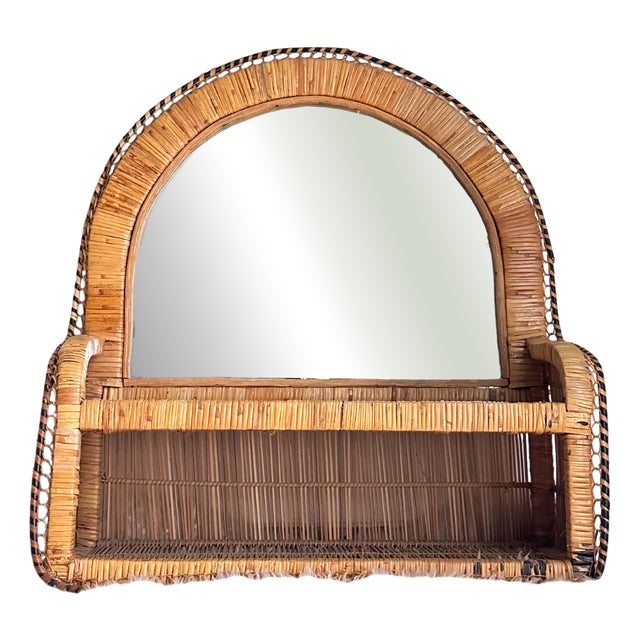 Woven Rattan and Wicker Shelf Mirror in the style of Emmanuelle, Spain, 1970s For Sale