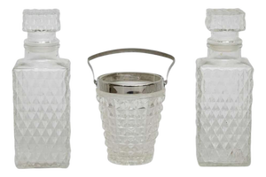 Vintage Glass Whisky Bottles and Ice Bucket, 1950, Set of 3
