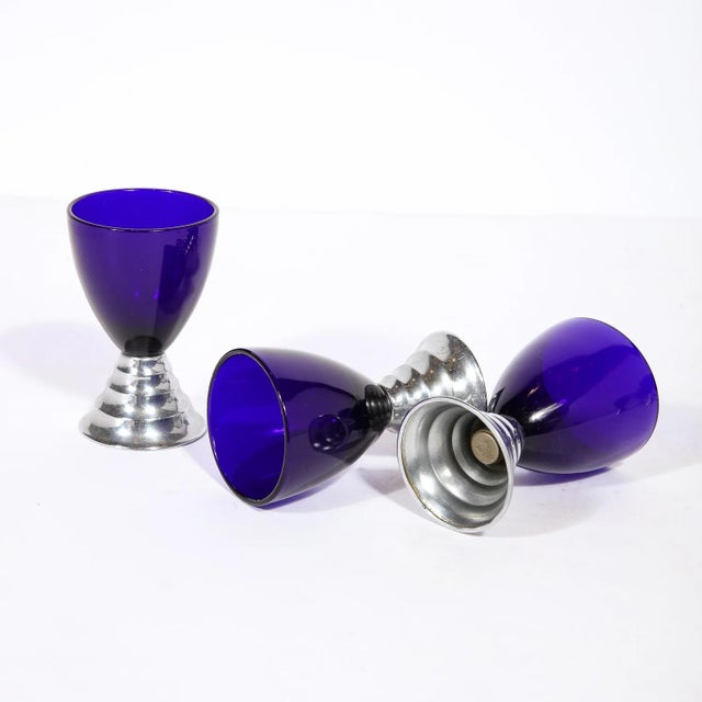 Metal 1930s Art Deco Skyscraper Style "Blue Moon" Cocktail Glasses in Chrome by Chase For Sale - Image 7 of 7