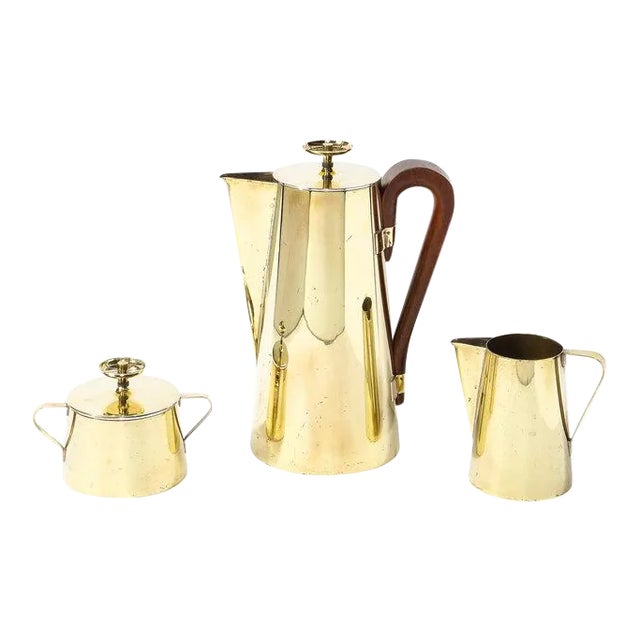 Tommi Parzinger for Dorlyn Silversmiths Tea Service in Polished Brass & Walnut - Set of 3 For Sale