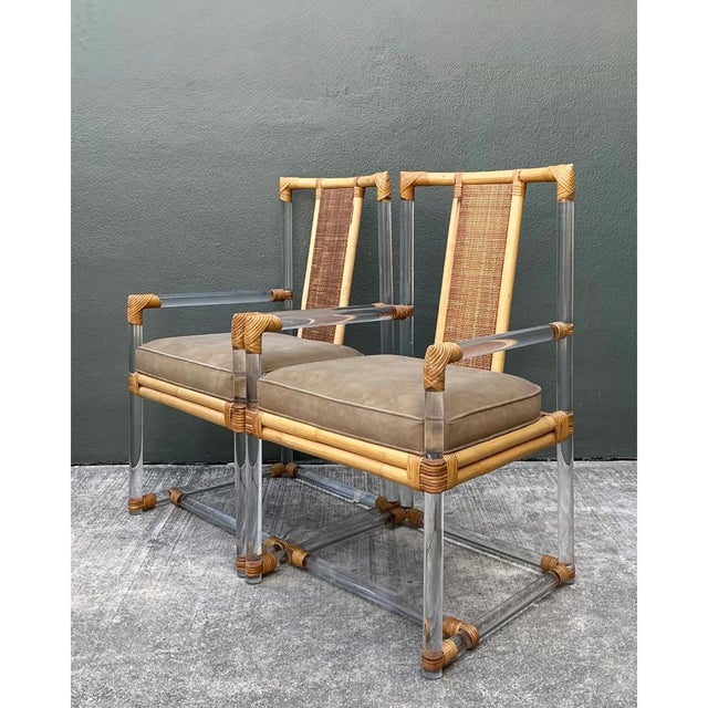 Mid-Century Modern Vintage Four Seasons Lucite and Rattan Armchairs - Pair For Sale - Image 3 of 12