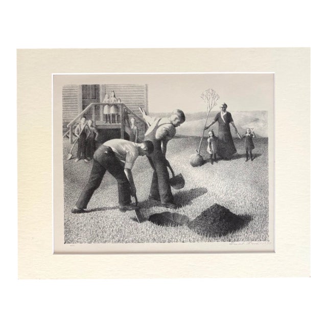 Vintage 1939 Print in 11x14 Mat: Grant Wood, "Tree Planting Group", Frame Ready For Sale