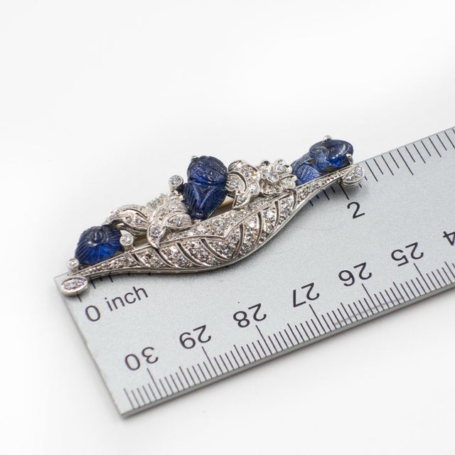 Art Deco 1930s Art Deco Wise Platinum 14k Carved Sapphire Diamond Floral Brooch For Sale - Image 3 of 12