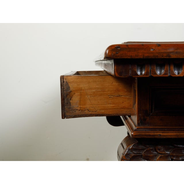 Italian 1800s Walnut Trestle Base Table with Two Drawers and Carved Motifs For Sale - Image 4 of 12