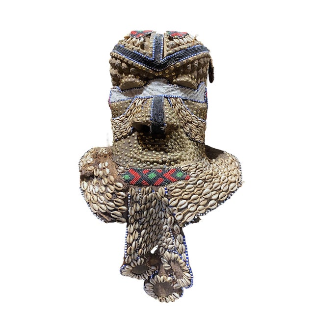 Unique Vintage Large African Tribal Beaded Kuba Royal Head Mask Congo 15" H For Sale - Image 12 of 13