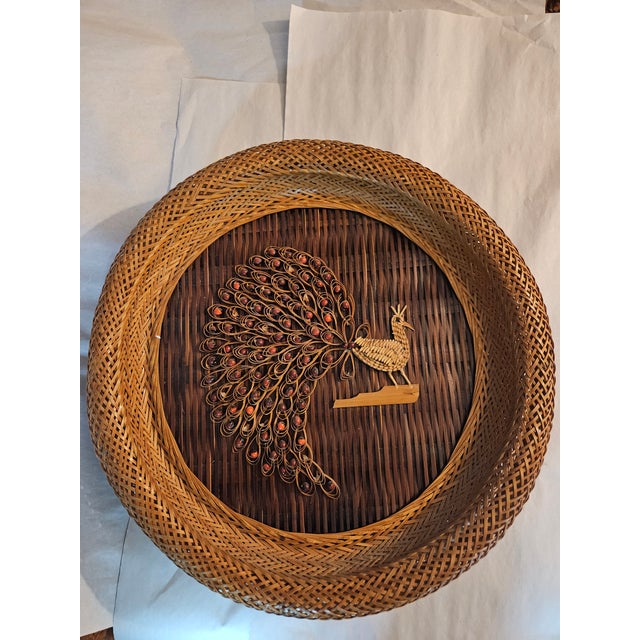 Three Vintage 1970s Wicker Peacock Wall Hanging Boho Rattan Woven Art