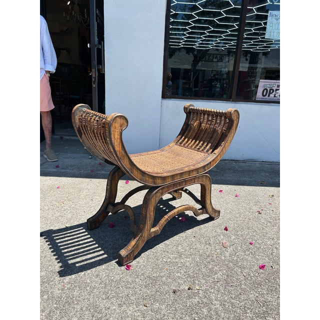 Vintage Rattan and Grasscloth Egyptian Style Bench. For Sale - Image 4 of 9