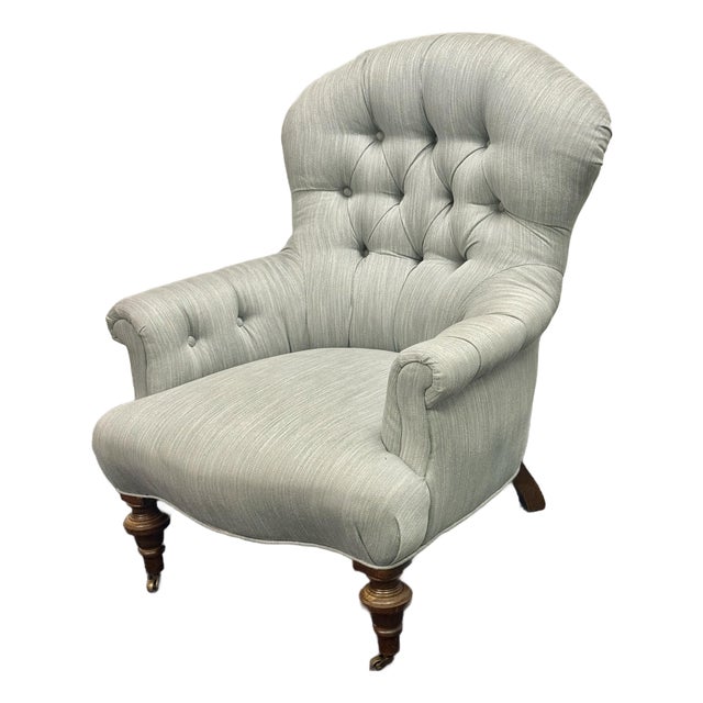 Vintage English Rolled Arm Pale Blue Upholstered Chair For Sale