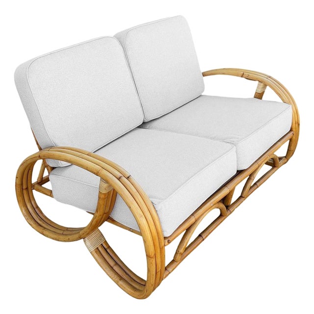 1950s Restored Mid-Century 3-Strand 3/4 Round Pretzel Arm Rattan Sectional Loveseat For Sale