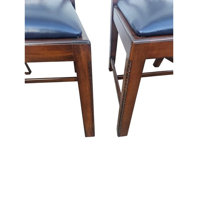 1990s 2 Chippendale Dining Room Side Chairs 18th Century Mahogany Navy Leather Carved For Sale - Image 5 of 10