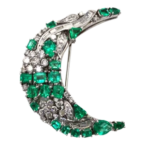 Emerald Diamond Crescent Brooch