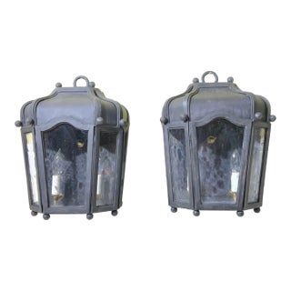 Exceptional Pair of Hand-Forged Iron Wall Lanterns Architectural Sconces For Sale