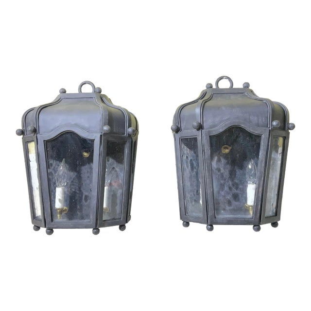 Exceptional Pair of Hand-Forged Iron Wall Lanterns Architectural Sconces For Sale