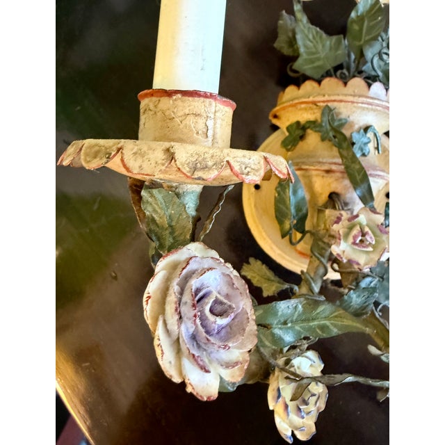 Antique French Floral Tole Wall Sconces - a Pair For Sale - Image 16 of 17