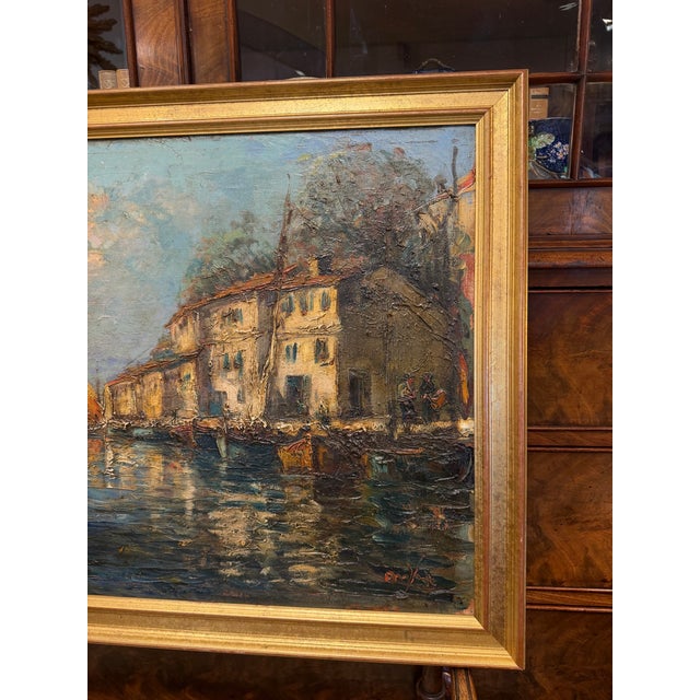 Early 20th Century Original Harbor Scene Oil Painting 'Harbor Boats' For Sale - Image 5 of 7